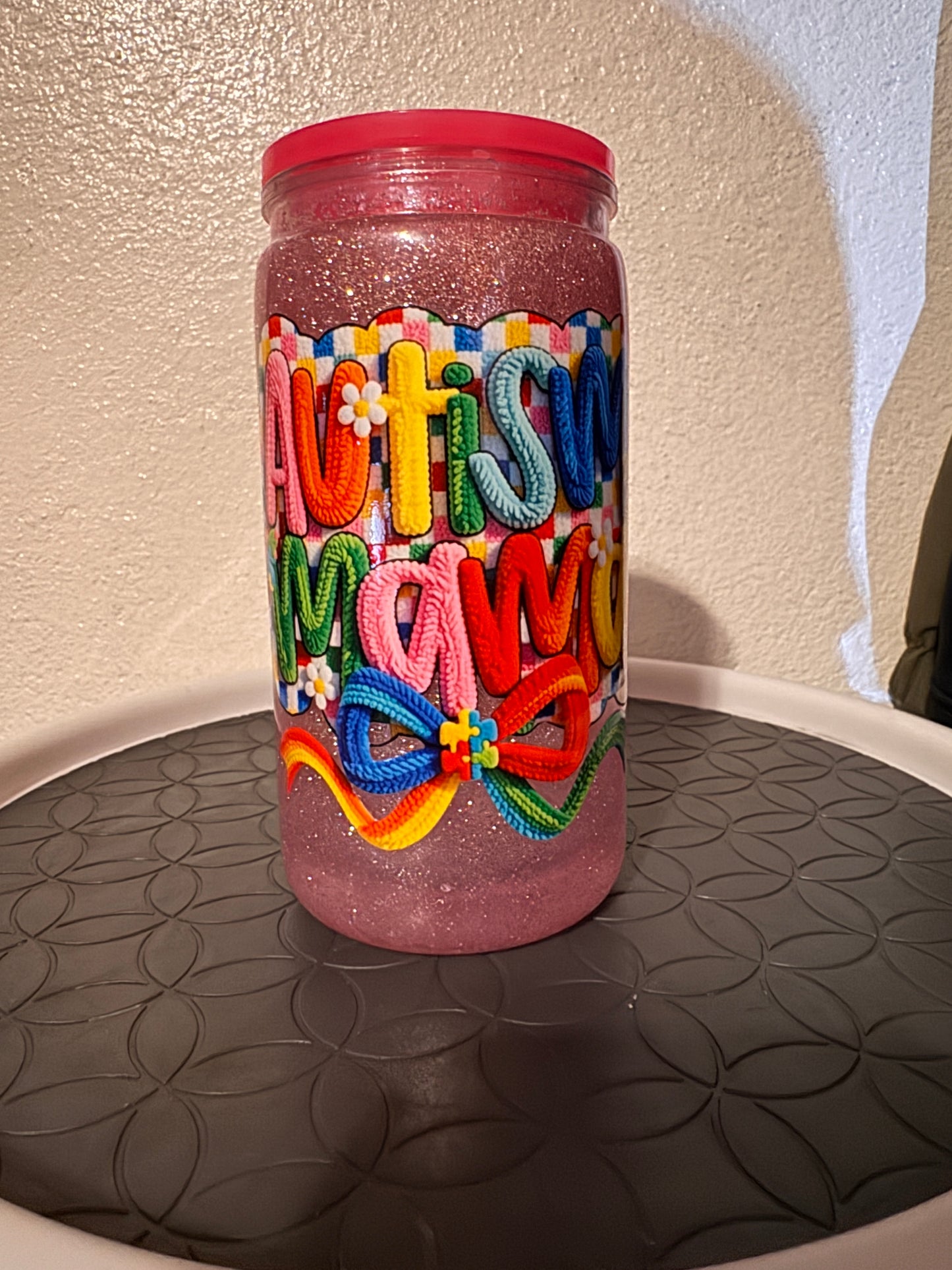 Autism Mama Glitter Tumbler – Handmade 16oz Acrylic Pink Cup